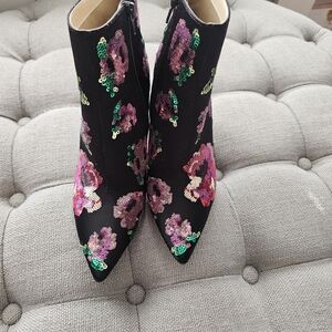 Betsey Johnson Black Boots with Pink and Green Floral Sequins